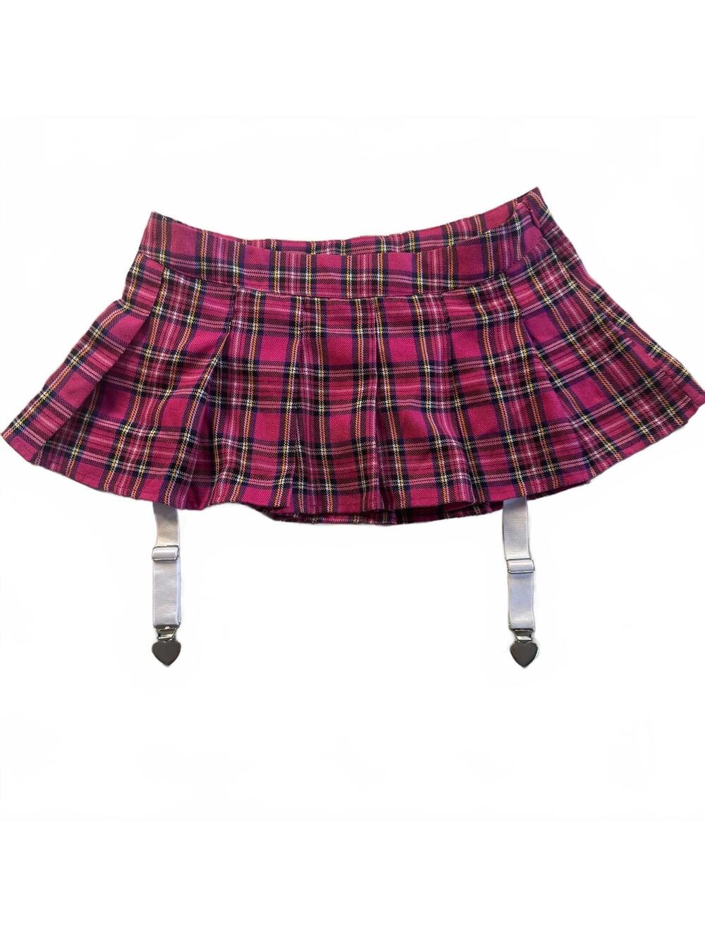 Dolls Kill Trickz N Treatz Pink Plaid Pleated Mini Skirt XS Garter Heart Clips